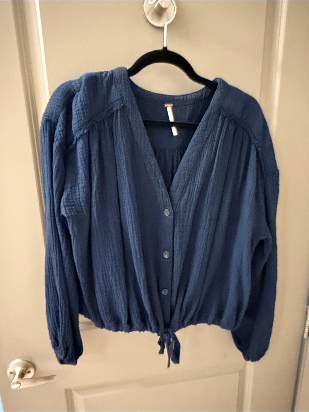 Free People Indigo Button-Front Tie-Hem Blouse